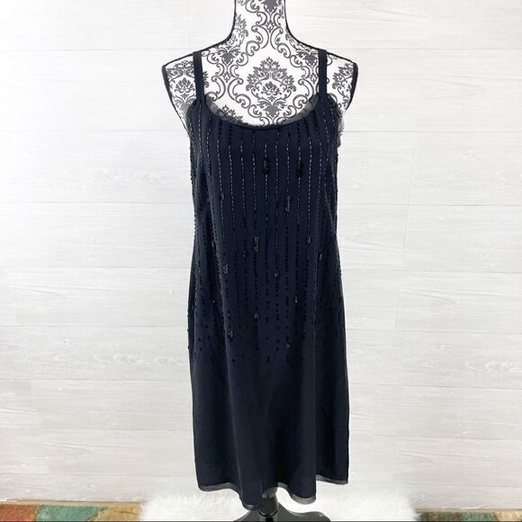 Eileen Fisher Black Beaded Silk Cami Midi Dress - Picture 2 of 10